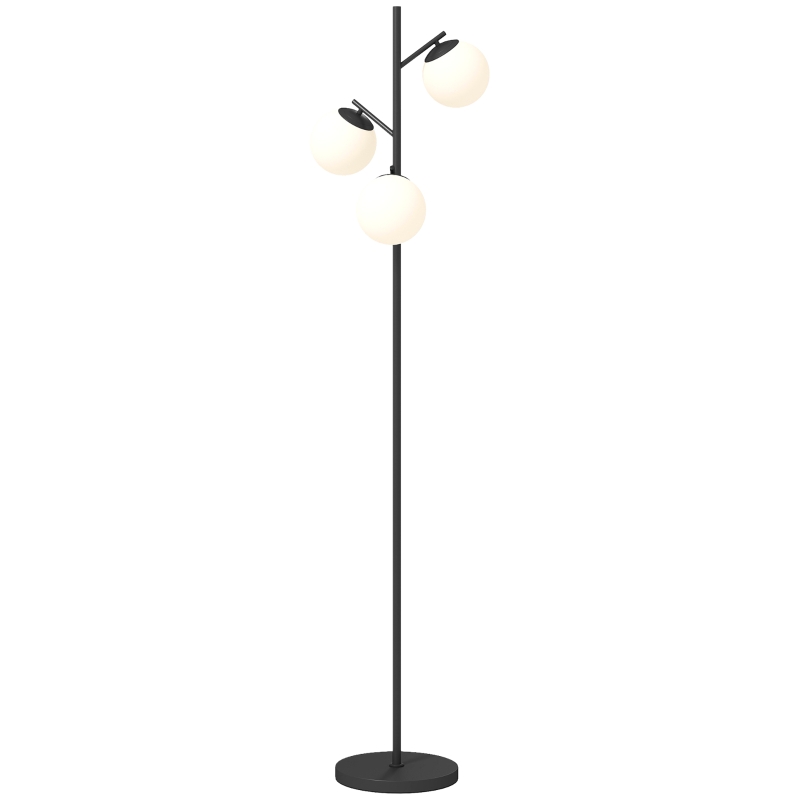 HOMCOM 3-Light Tree Floor Lamps for Living Room, Modern Standing Lamp for Bedroom with Globe Lampshade, Steel Base, Bulb not Included, Black