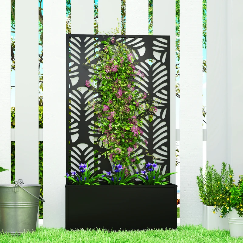 Outsunny Metal Garden Bed for Garden with Trellis, Wall Mounted or Freestanding Raised Planter with Privacy Screen