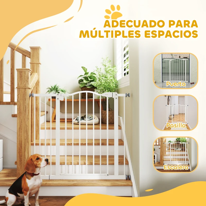 PawHut Barrera de Seguridad para Perros 74-94 cm con Extensión Montaje a Presión Doble Bloqueo para Puerta Escalera Blanco