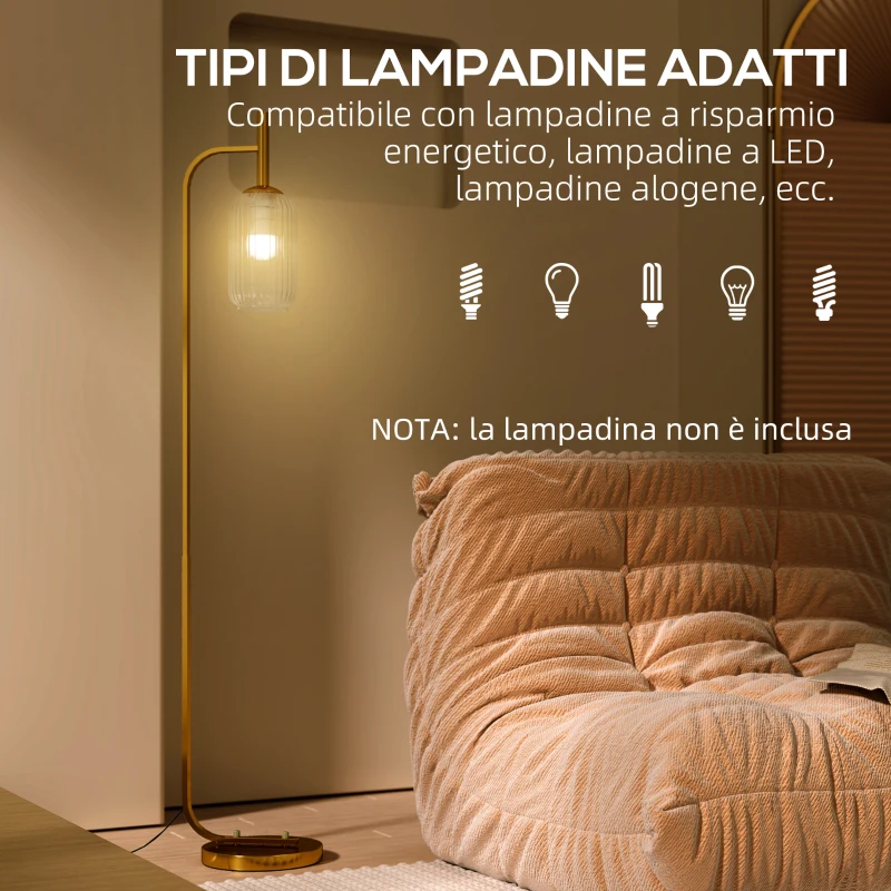 HOMCOM Lampada da Terra Moderna con Paralume in Vetro e Interruttore a Pedale per Lampadine E27, Oro