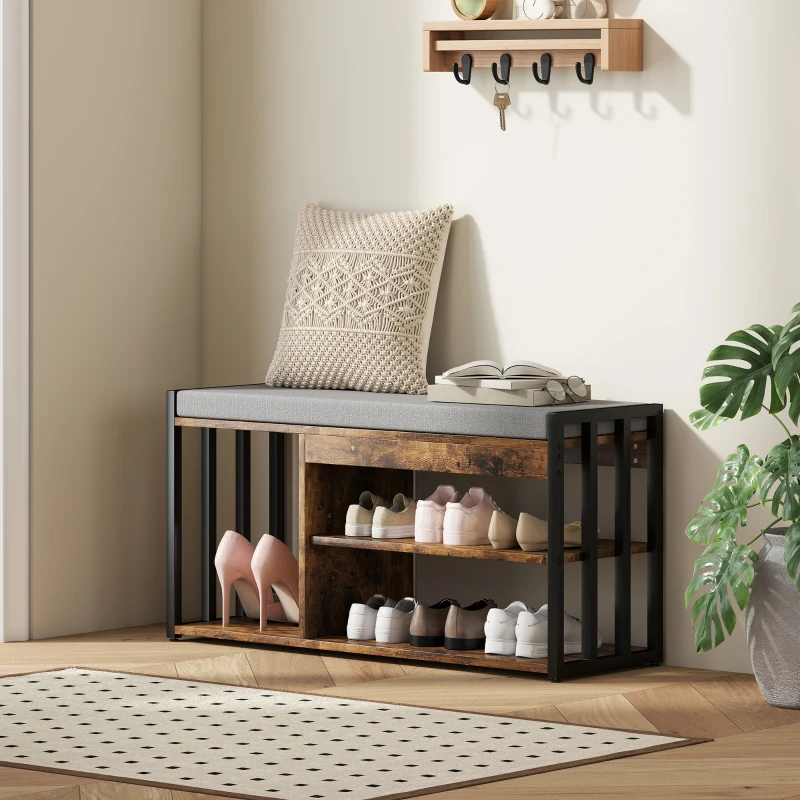 HOMCOM Shoe Storage with Seat, Upholstered Entryway Bench, Shoe Bench with 3 Open Shelves for Hallway, Rustic Brown