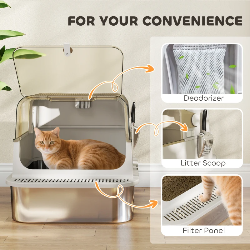 PawHut XXL Stainless Steel Cat Litter Tray, Enclosed Cat Litter Box with 90° Flip Cover, Double Doors, Scoop, Easy Clean, Grey