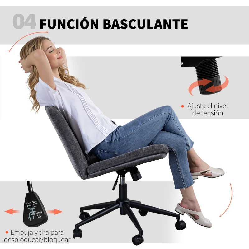 HOMCOM Silla de Oficina con Asiento Ancho sin Reposabrazos Ruedas Altura Ajustable Giratoria Función Basculante Gris
