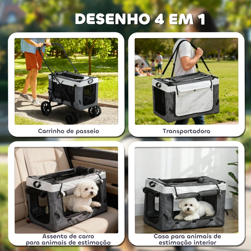 PawHut Carrinho para Animais de Estimação Carrinho para Cães Dobrável com Compartimento Desmontável 4 Portas 81x58x97,5 cm Cinza