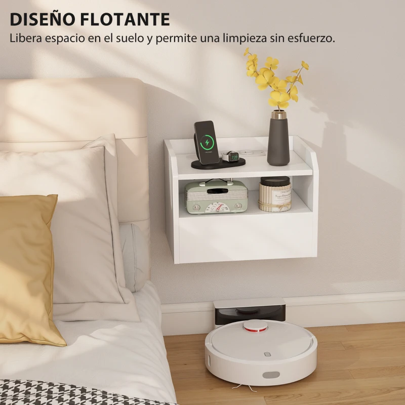 HOMCOM Juego de 2 Mesitas de Noche Flotantes con Estación de Carga Cajón Estante Abierto 40x29x29 cm Blanco