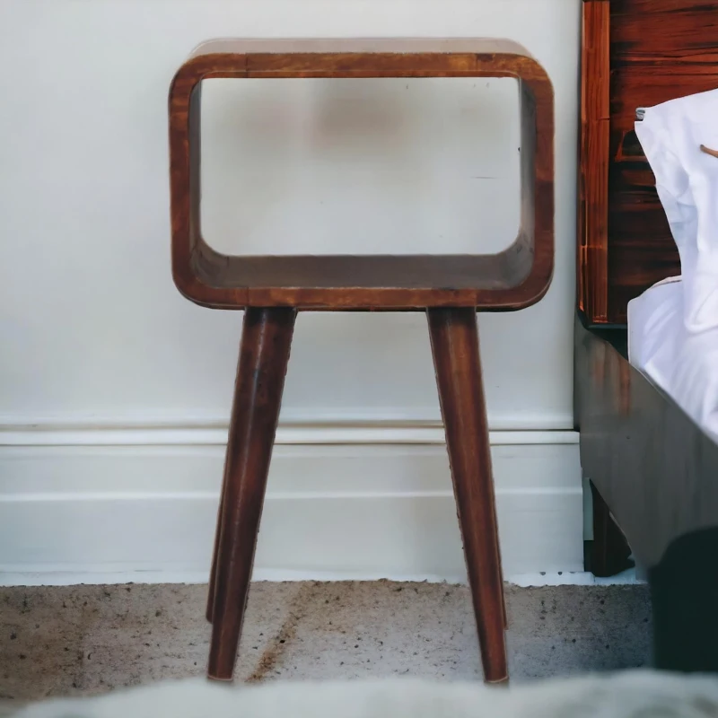 100% Solid Mango Wood Mini Curved Nightstand with Open Shelf and Stain-Based Finish, Table for Bedroom, 25L x 30W x 50H cm, Brown