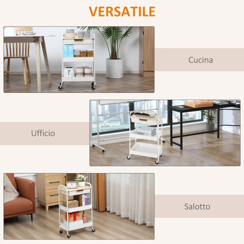 HOMCOM Carrello Cucina Multiuso con Ruote Girevoli, 2 Cesti, Cassetto e Piano in Legno, Bianco