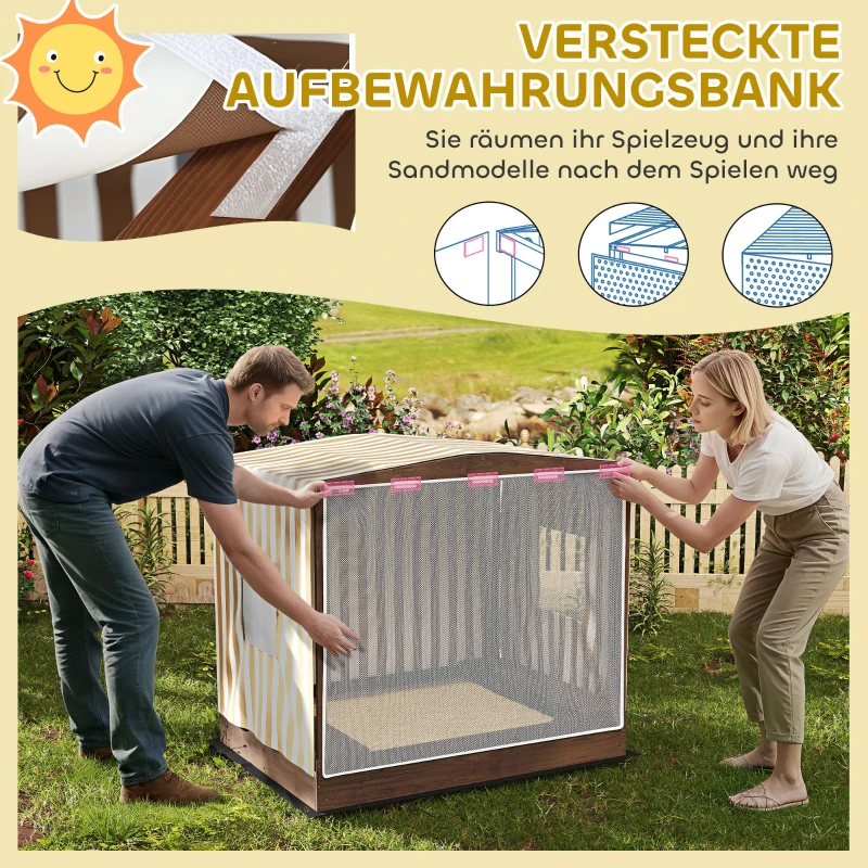 AIYAPLAY Zandbak, Zandkist met Baldakijn en Netdeur, Zitbanken, Bodembescherming, Bruin