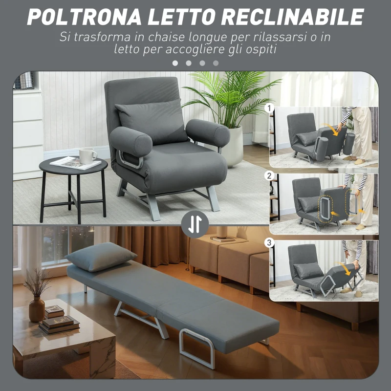 HOMCOM Poltrona Letto 3 in 1 con Schienale Reclinabile su 5 Livelli, in Tessuto Effetto Lino, 73x78x81 cm, Grigio Scuro