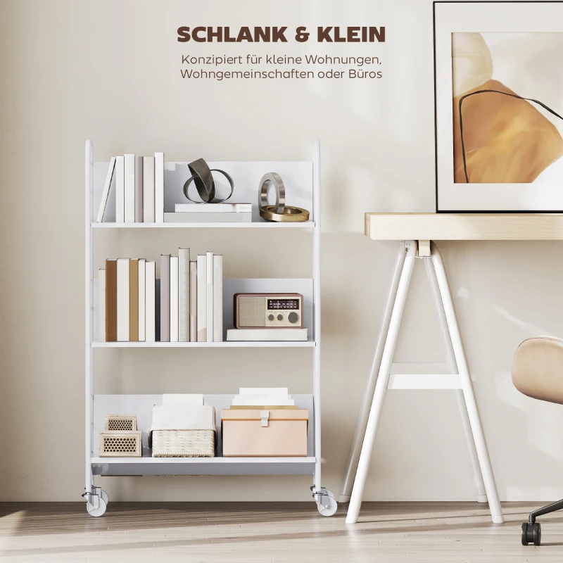 HOMCOM Bücherregal Aufbewahrungsregal mit 3 Ebenen, Rädern, Spielzeugregal für Schlafzimmer, 69 x 26 x 108 cm, Weiß
