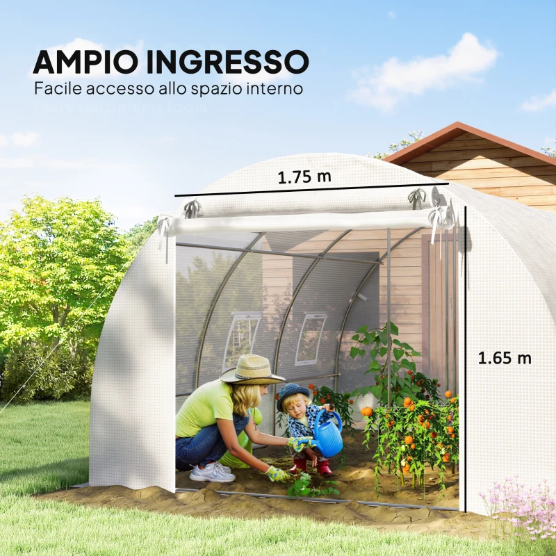 Outsunny Serra a Tunnel con 2 Aste Rimovibili e Porte e Finestre a Rete, in Acciaio Zincato e PE, 396x300x200 cm, Bianco