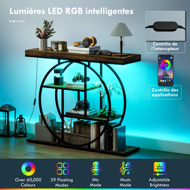 HOMCOM Console meuble avec éclairage LED 100 cm, table console à 4 niveaux avec étagères ouvertes, marron rustique et noir