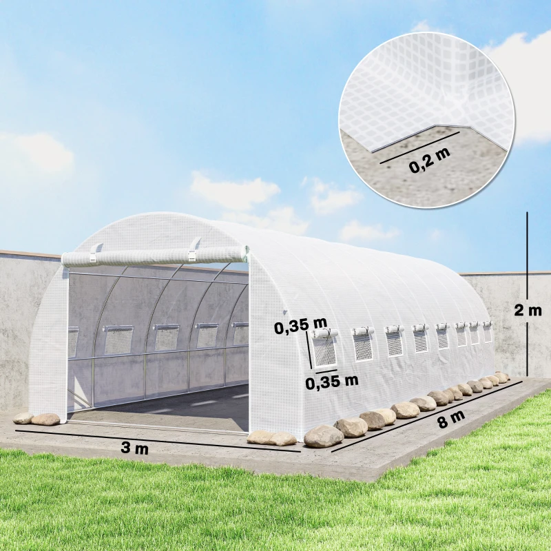 Outsunny Invernadero túnel de jardín 24 m² 8L x 3l x 2H m - 16 ventanas, puerta enrollable con cremallera acero galvanizado, lona PE, Blanco