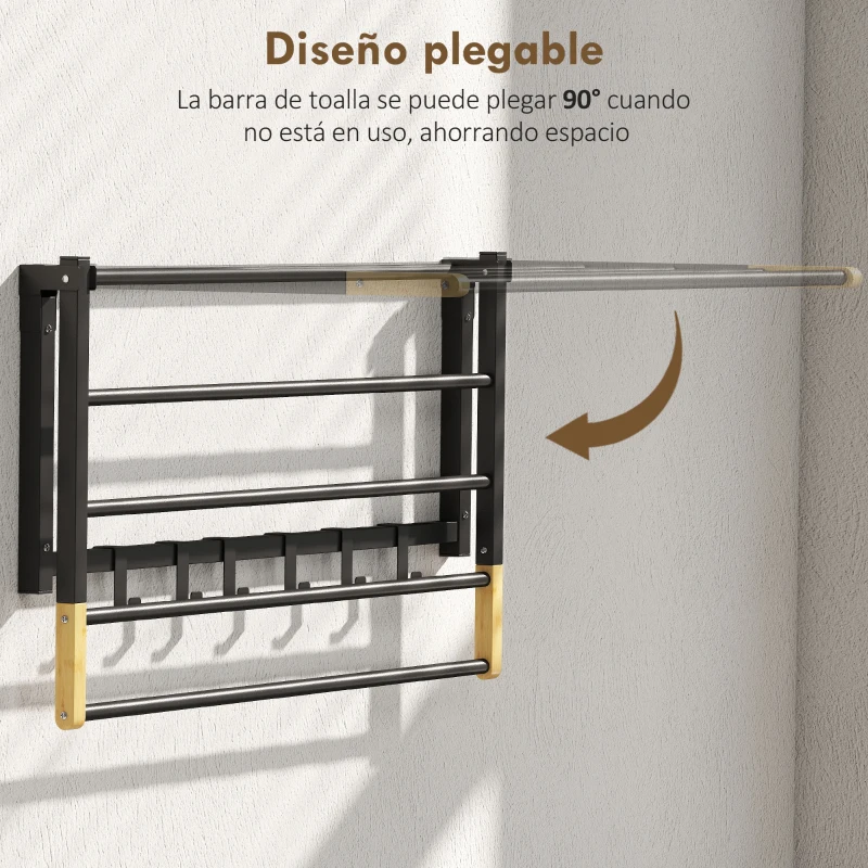 HOMCOM Toallero de Baño de Pared Toallero Plegable con 5 Barras y 6 Ganchos para Toallas Baño 60 cm Negro