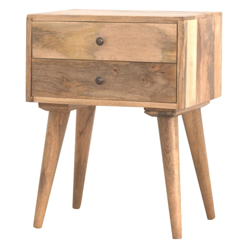 Solid Mango Wood Bedside Table with Nordic Legs and Clear Natural Finish, Bedside Cabinet with 2 Drawers, 35L x 45W x 57H cm, Brown