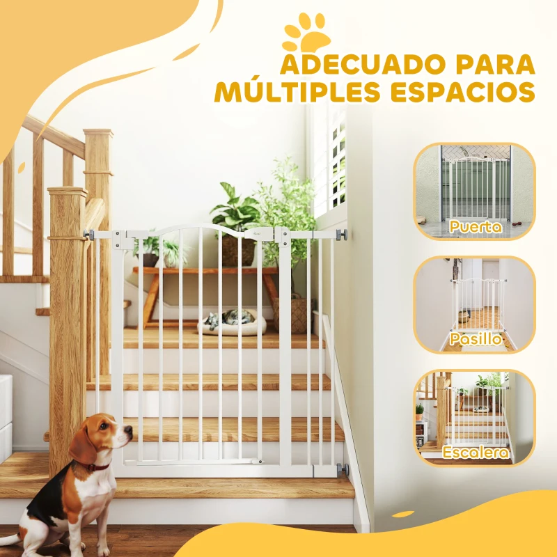 PawHut Barrera de Seguridad para Perros 74-87 cm con Extensión Montaje a Presión Doble Bloqueo para Puerta Escalera Blanco