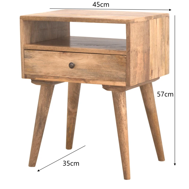 100% Solid Wood Bedside Table with Spacious Drawer and Open Shelf, Hand-finished Crafted Desk for Bedroom, 35 x 45 x 57 cm, Brown