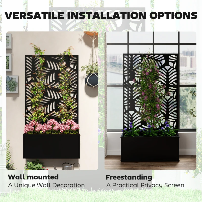 Outsunny Metal Garden Bed for Garden with Trellis, Wall Mounted or Freestanding Raised Planter with Privacy Screen