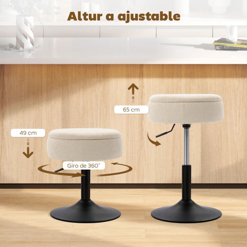 HOMCOM Taburete de Bar con Almacenaje Altura Ajustable Taburete de Cocina Redondo Giratorio Tapizado en Chenilla Beige