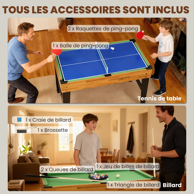 SPORTNOW Table multijeux 13 en 1, table de jeu baby-foot, billard, ping-pong, 121x109x80cm, pour enfants et adultes, noyer clair