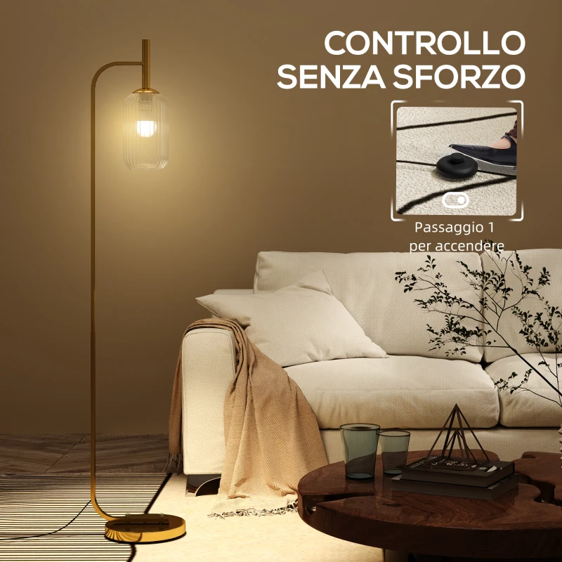 HOMCOM Lampada da Terra Moderna con Paralume in Vetro e Interruttore a Pedale per Lampadine E27, Oro