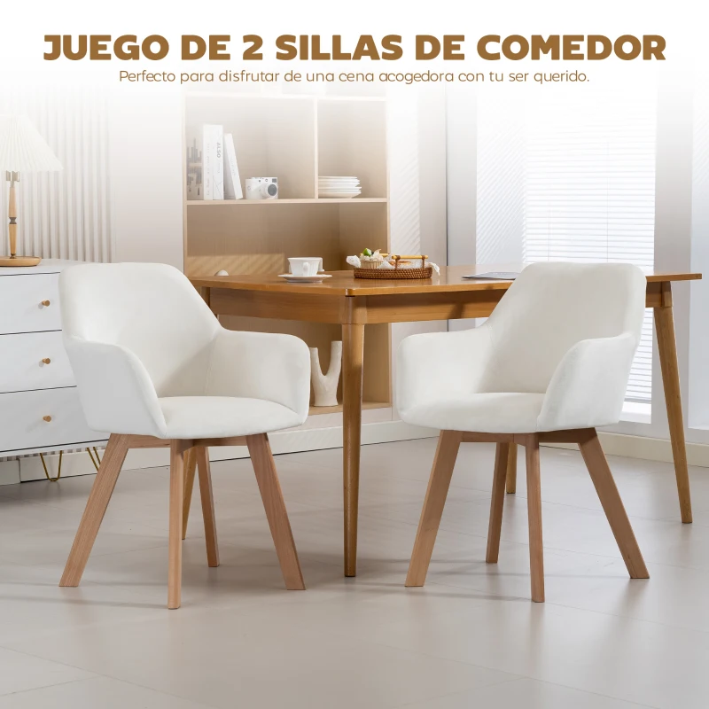 HOMCOM Juego de 2 Sillas de Comedor Modernas Tapizadas en Terciopelo con Patas de Madera para Salón 54x57x80 cm Crema