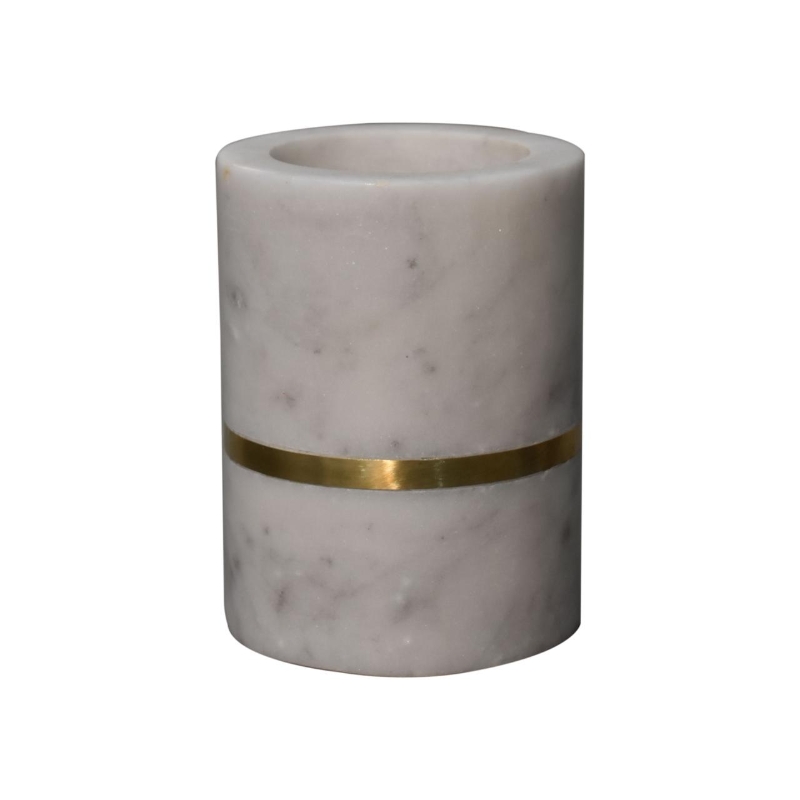 Set of 5 Marble Bathroom Accessory with Brass Inlay and Understated Sheen, Hand-Finished Set with Fully Assembled, 7.5L x 7.5W x 10H cm, White