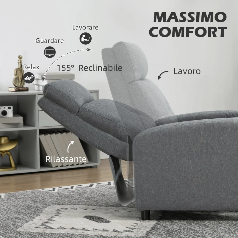 HOMCOM Poltrona Reclinabile 155° max in Tessuto Effetto Lino Grigio con Poggiapiedi, 67x87x98 cm