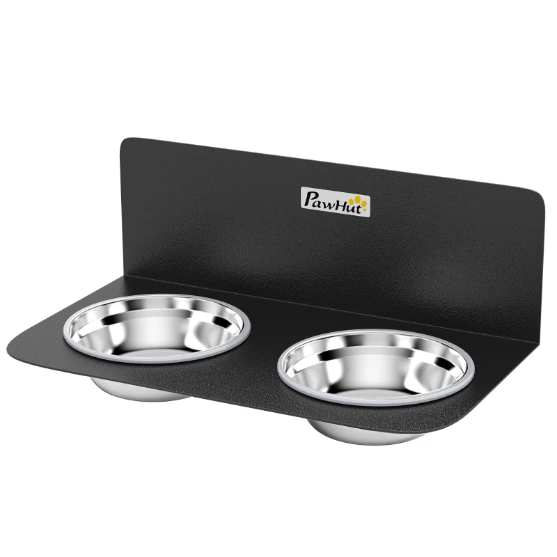 PawHut Comedouro de Parede Ajustável com 2 x 800ml Tigelas de Aço Inoxidável 42 x 23,5 x 14 cm Preto