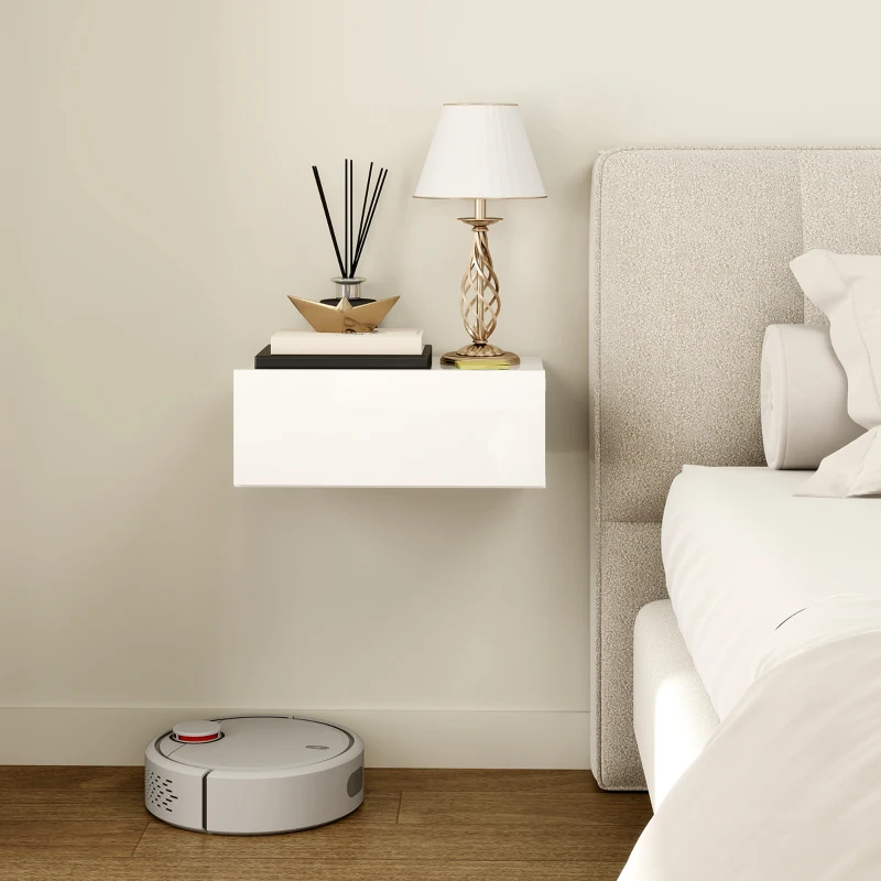 HOMCOM Juego de 2 Mesitas de Noche Flotantes con 1 Cajón Montado en la Pared Estilo Moderno para Dormitorio 40x30x15 cm Blanco