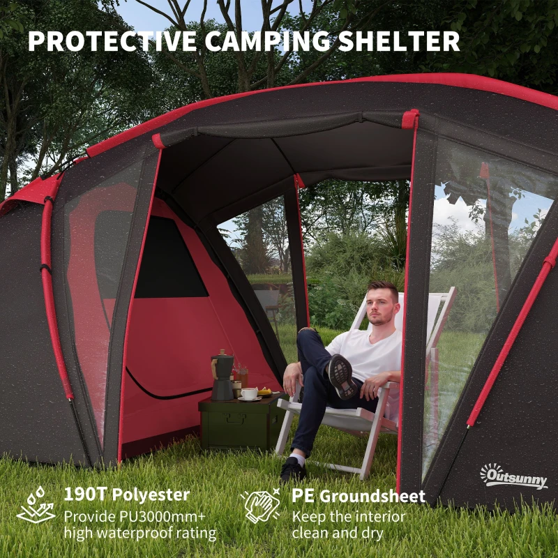 Outsunny 4-6 Man Family Camping Tent w/ 2 Bedrooms and a Living Room, Waterproof Tunnel Tent w/ Sewn In Groundsheet, Doors, Windows, Carry Bag, Grey