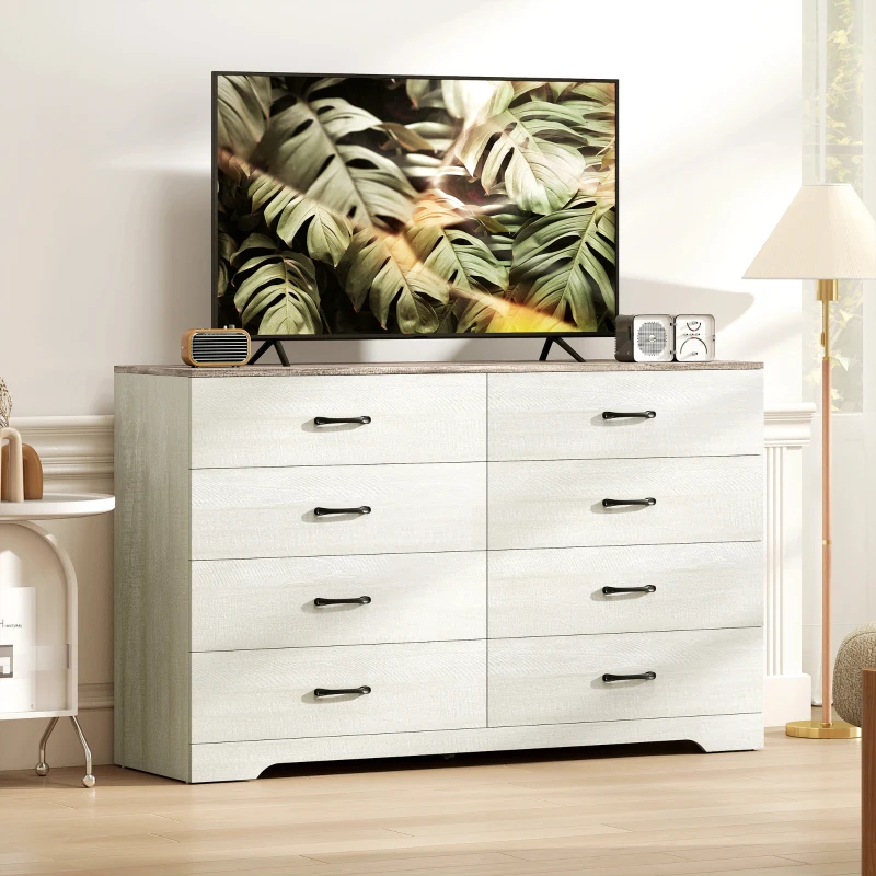 HOMCOM Cassettiera 8 Cassetti Moderna in Legno, 140x40x86 cm, Noce e Grigio Chiaro