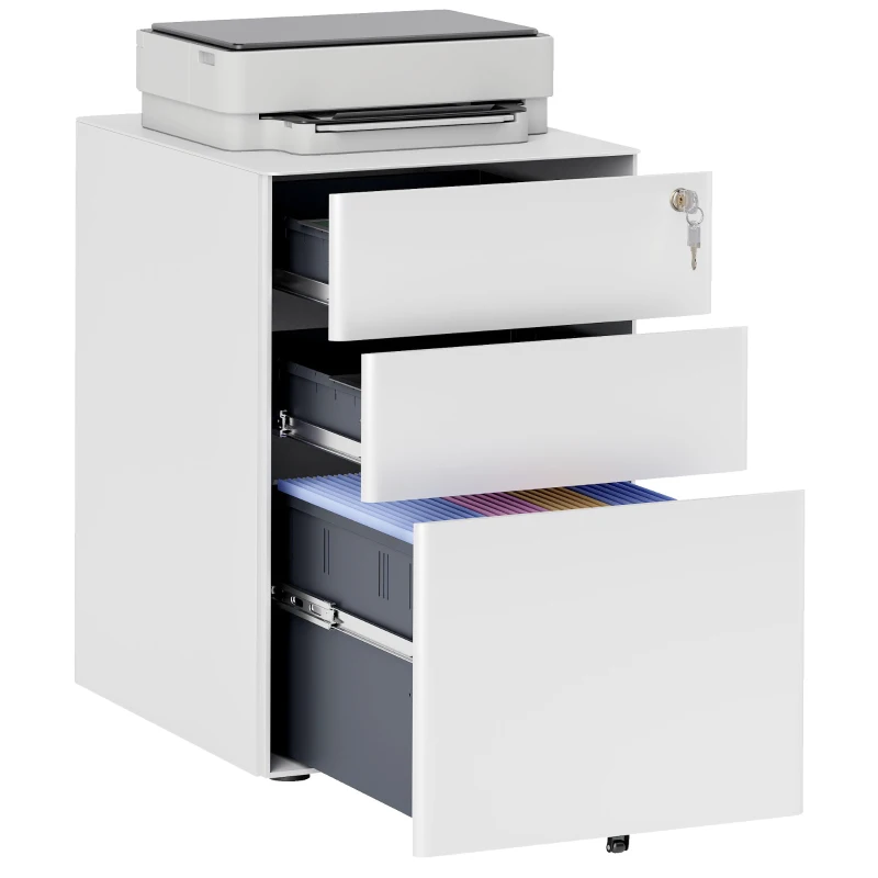 Vinsetto Lockable Cabinet, Rolling Filing Cabinet with 3 Drawers, Steel Office Drawer Unit for A4, Letter, Legal Sized Files