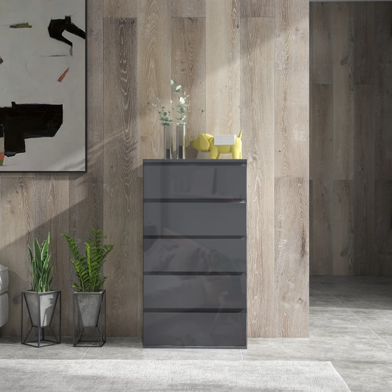 HOMCOM 5-Drawer Modern Dresser, High Gloss Storage Drawer Unit for Bedroom, Grey
