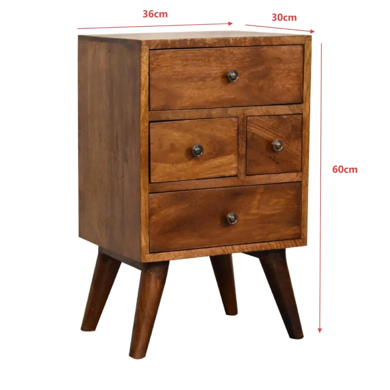 Solid Wood Bedside Chest with 4 Drawers and Reinforced Joints, Bedside Table with Woven Edge Detailing, 30L x 36W x 60H cm, Brown