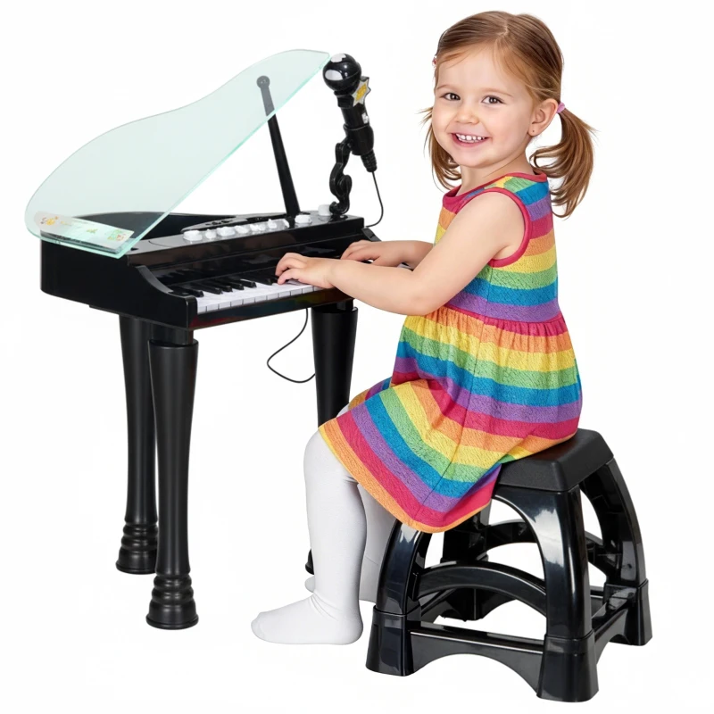 AIYAPLAY 32-Key Kids Piano Keyboard, with Stool, Lights, Microphone, Sounds, Removable Legs - Black