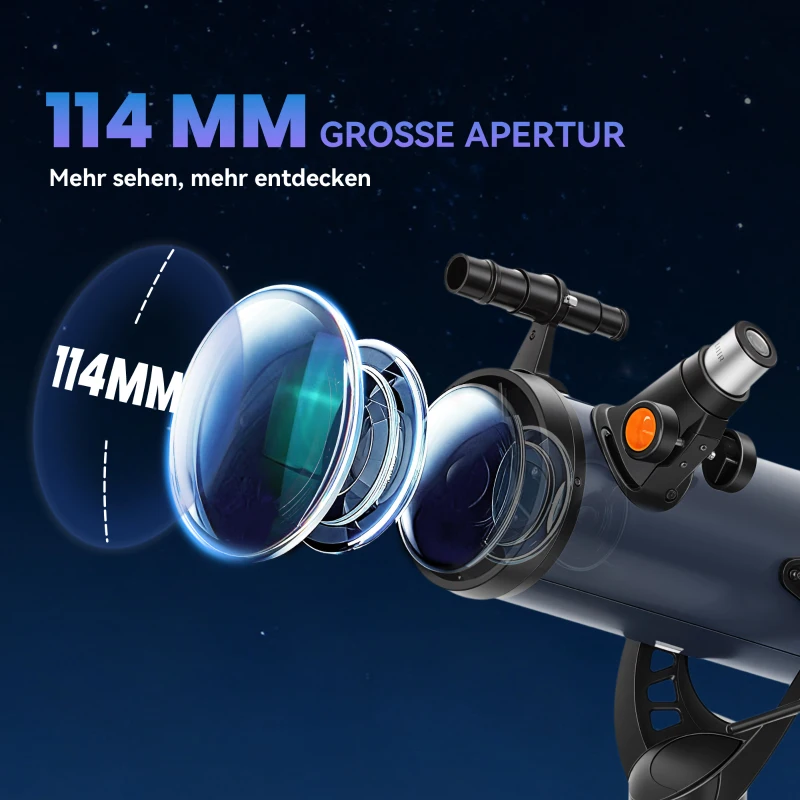 Outsunny Spiegelteleskop , 114 mm Objektiv, 2 Okulare, Sucherfernrohr, Aluminium, Dunkelblau