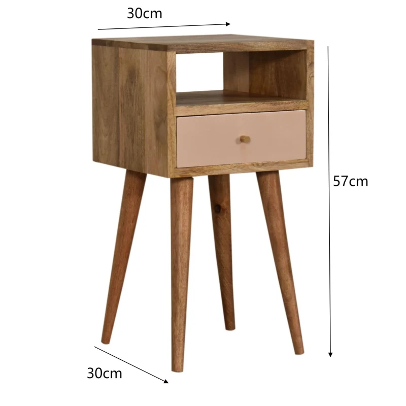 Solid Mango Wood Bedside Table with Drawer and Open Shelf, Distinct Grain, Handcrafted Desk for Organised Storage, 30L x 30W x 57H cm, Brown
