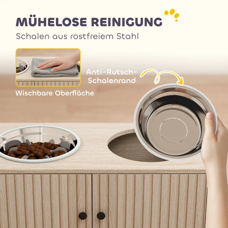PawHut Hundefutterstation mit 2 Edelstahl-Näpfen, Schrank für Utensilien, für große Hunde, Zubehör, Holz