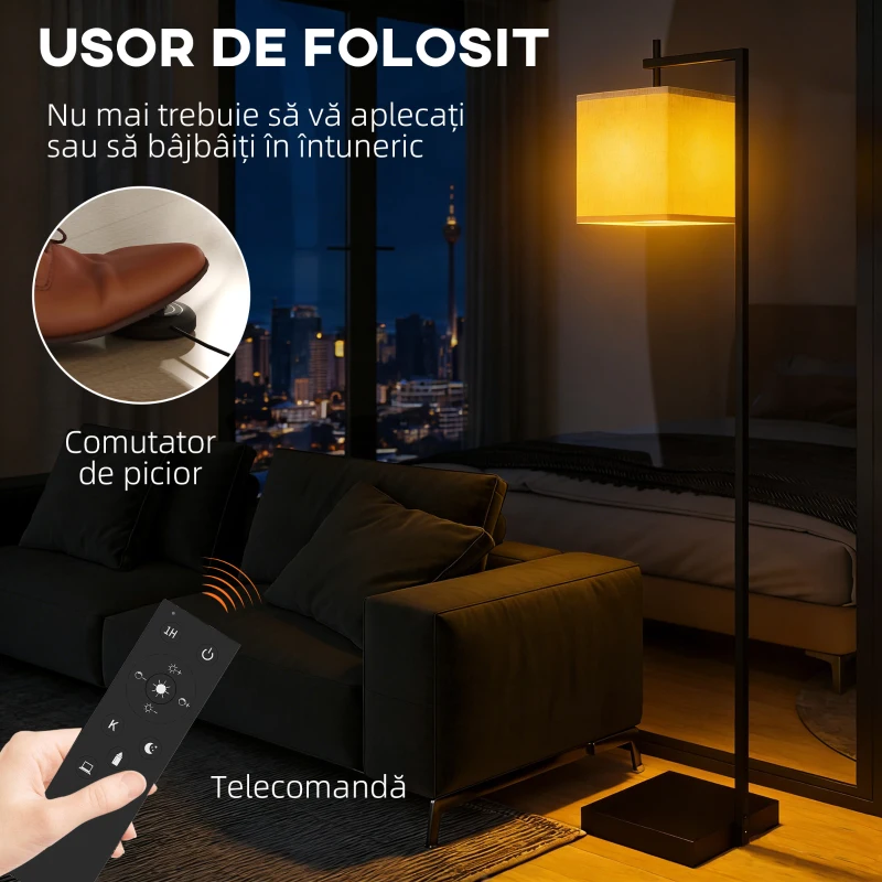 HOMCOM Lampă de podea 10 niveluri luminozitate și temperatură reglabilă cu telecomandă, negru