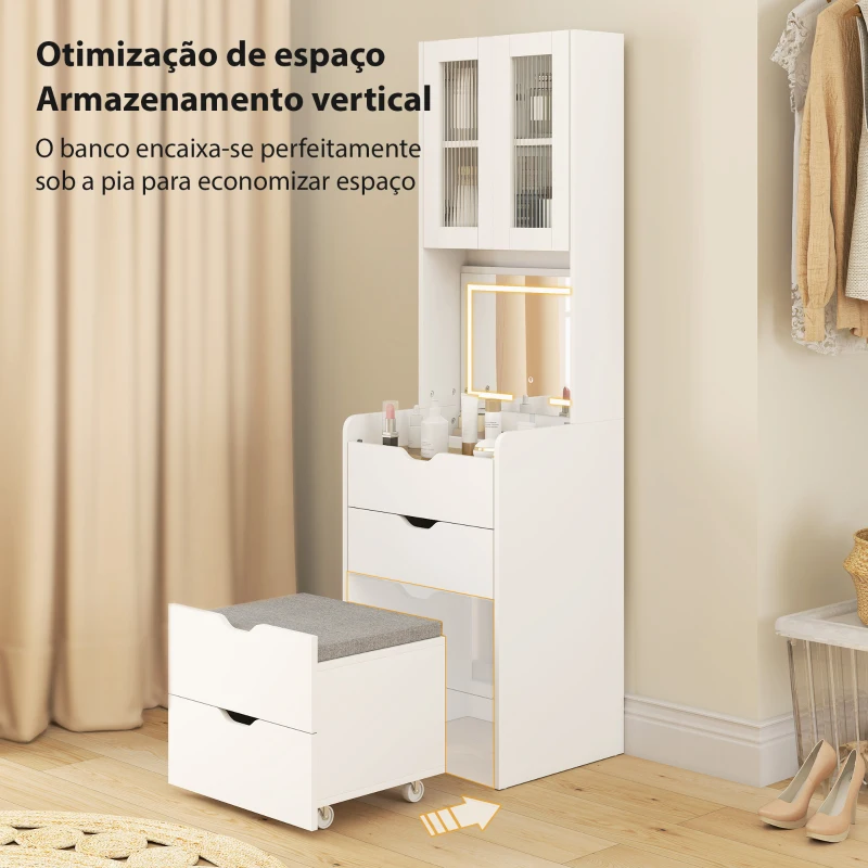 HOMCOM Toucador de Maquilhagem com Luzes LED de 3 Cores Espelho Rebatível e Banco Acolchoado 50x40x160 cm Branco