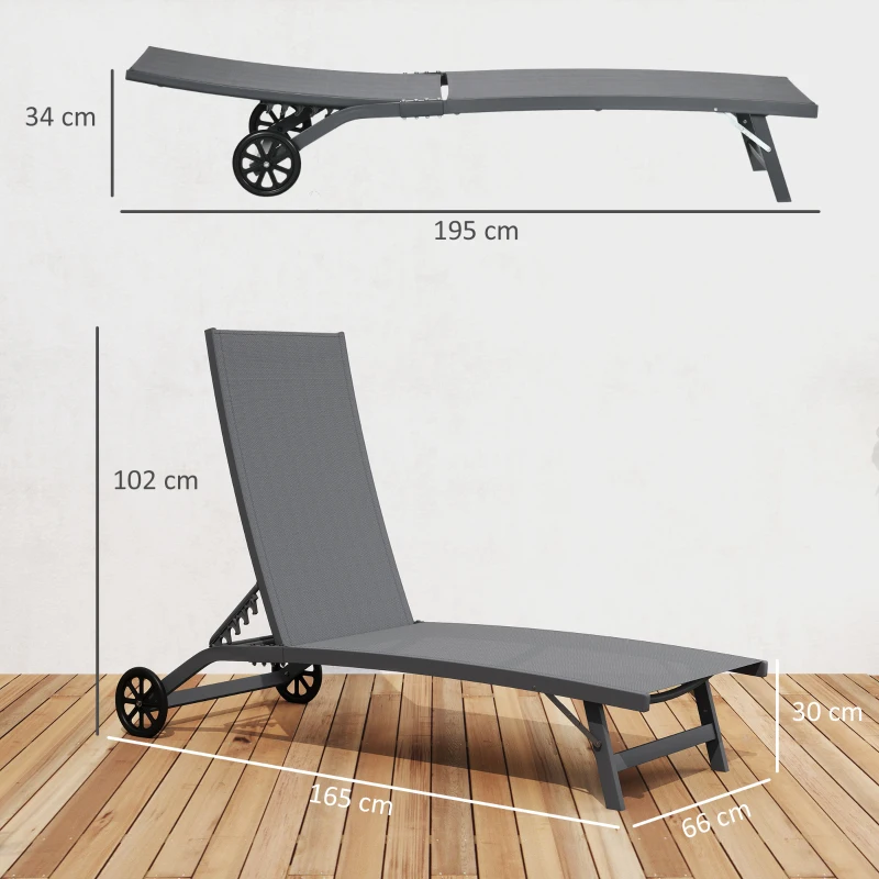 Outsunny Conjunto de 2 Espreguiçadeiras para Exterior com Encosto Ajustável em 5 Níveis e Rodas para Praia Piscina 165x66x102cm Cinza