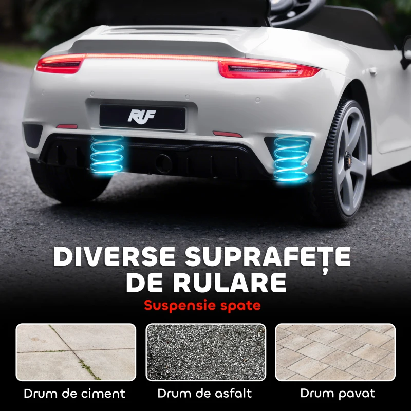 AIYAPLAY Mașină pentru Copii 3-5 Ani cu Licență Oficială RUF GT, Telecomandă, Centură de Siguranță și Muzică, Alb