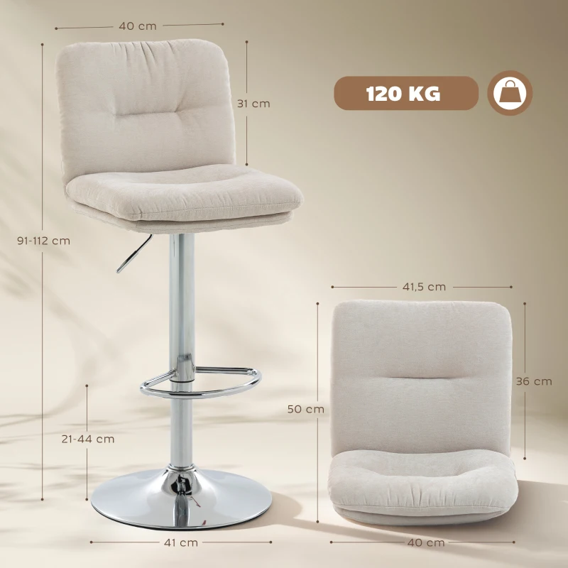 HOMCOM Lot de 2 Tabourets Hauts de Cuisine Pivotants Revêtus Effet Lin avec Hauteur Réglable Dossier et Repose-pieds Beige