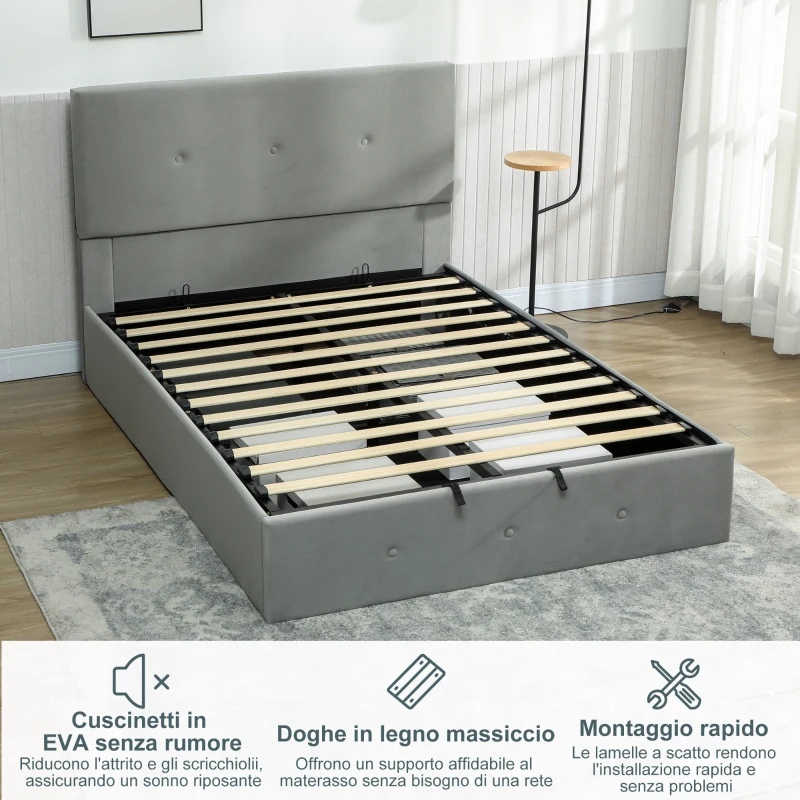 HOMCOM Letto Contenitore con Spazio a Scomparsa e Testiera Vellutata a Trapunta, in Legno e Metallo, 195x141x106 cm, Grigio