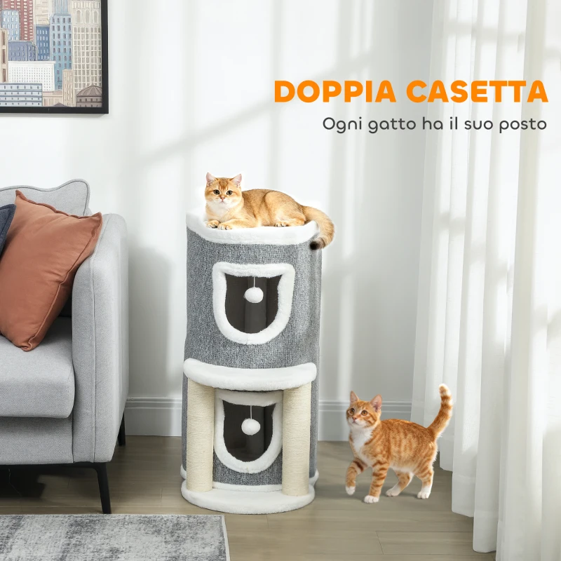 PawHutPawHut Albero Tiragraffi per Gatti Alto 76 cm con Casette, Lettino, Palline e Pali in Sisal, Grigio