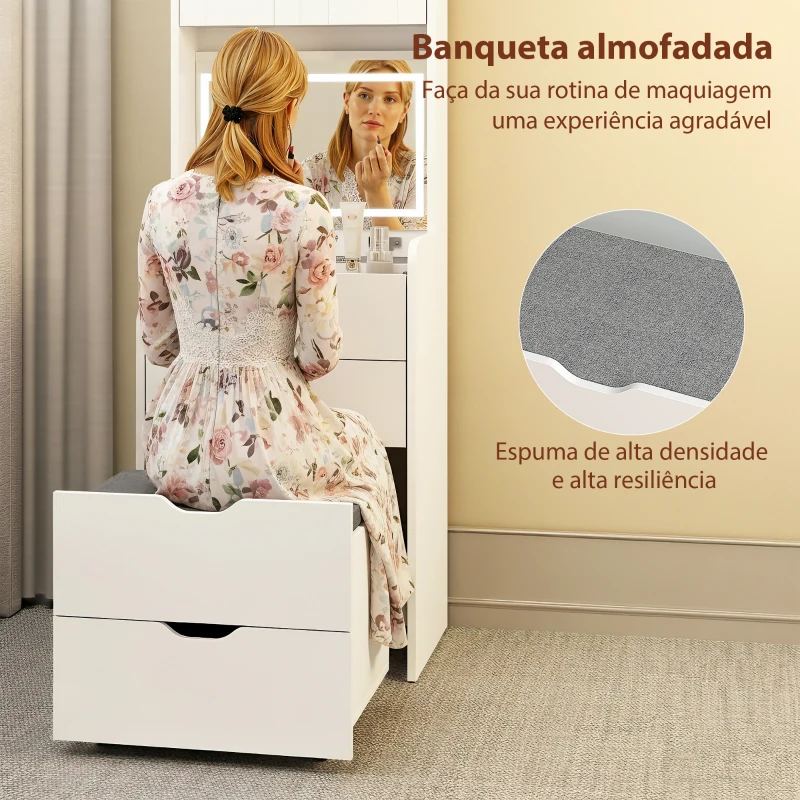 HOMCOM Toucador de Maquilhagem com Luzes LED de 3 Cores Espelho Rebatível e Banco Acolchoado 50x40x160 cm Branco