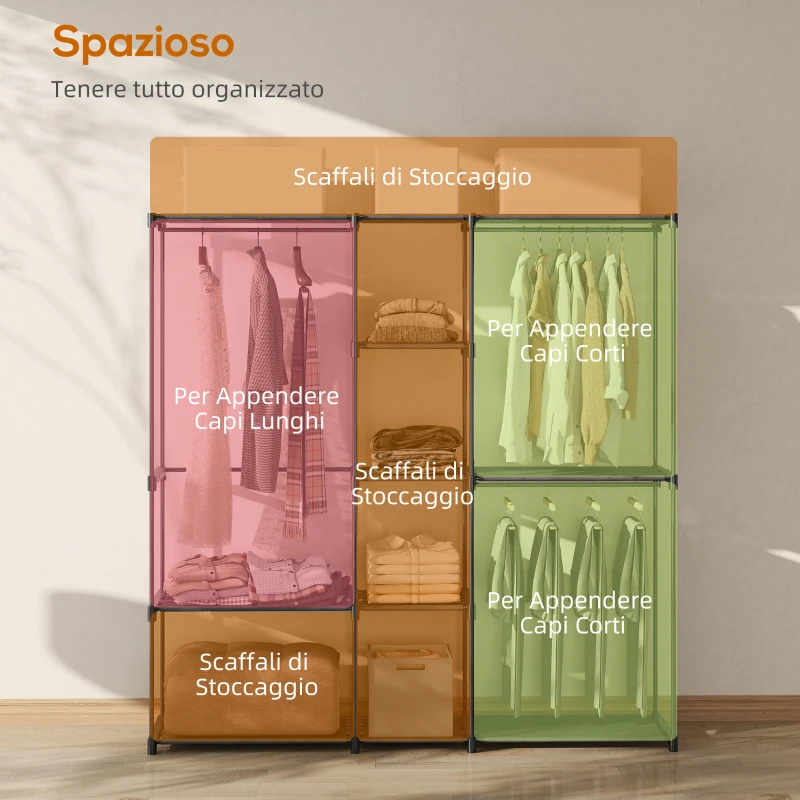 HOMCOM Armadio Guardaroba in Tessuto con 8 Ripiani e 3 Aste per Appendere, 182x43x185 cm, Nero