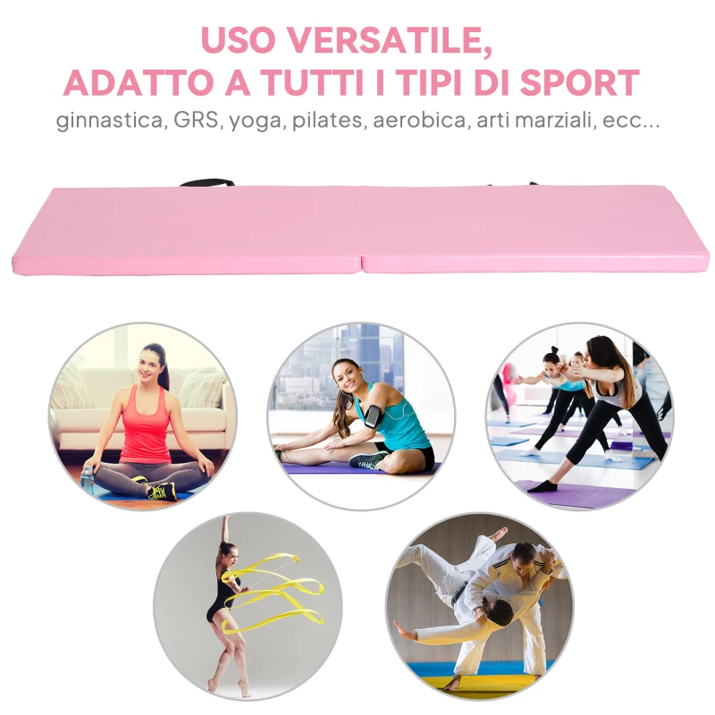 HOMCOM Tappetino da Ginnastica Pieghevole, Materassino Fitness Spesso 5 cm e Antiscivolo, 180x60x5 cm, Rosa