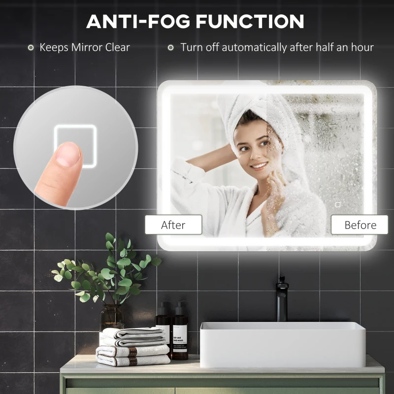 HOMCOM Oglindă de Baie LED Touch cu Lumină Dimmabilă, la 3 Temperaturi și Antiaburire, 70x90 cm